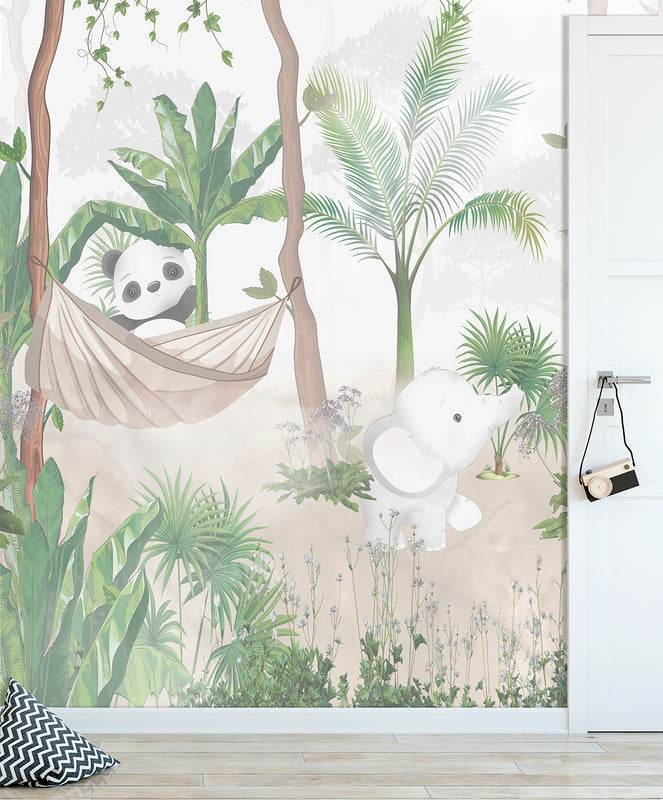 Pama Cute Walls Mural tropikalny z pandą i słonikiem CW6010-1