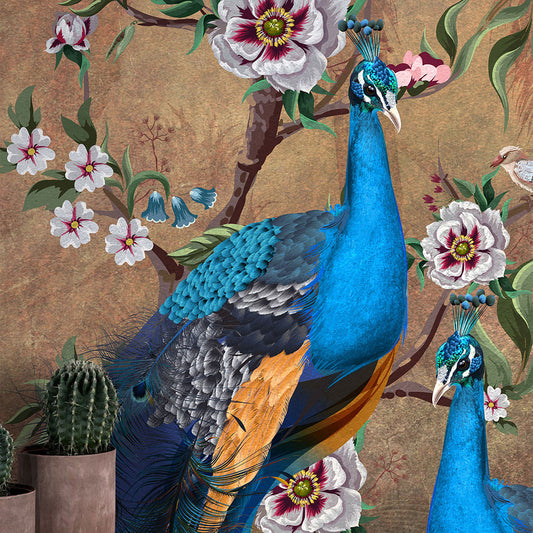 Wall'n Love Fame - Ptaki na brązowym tle z liśćmi i kwiatami 82080