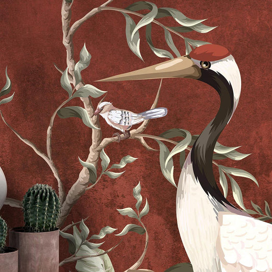 Wall'n Love Fame - Żurawie i kwiaty na czerwonym tle