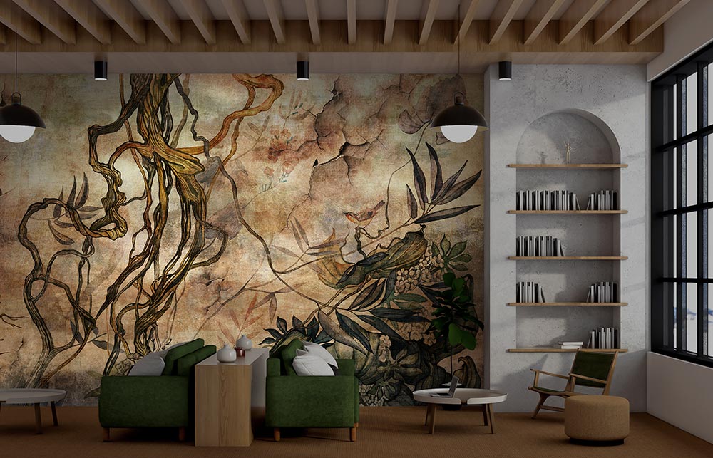 Wall'n Love Doqu - Liście i kwiaty na złotym tle