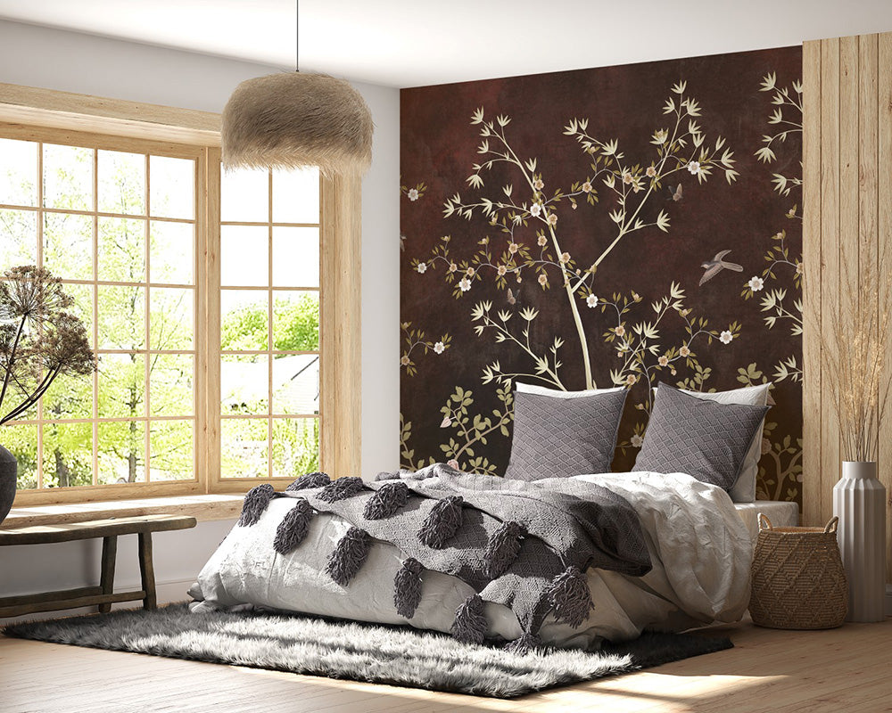 Wall'n Love Zen - Drzewa i ptaki na brązowym tle