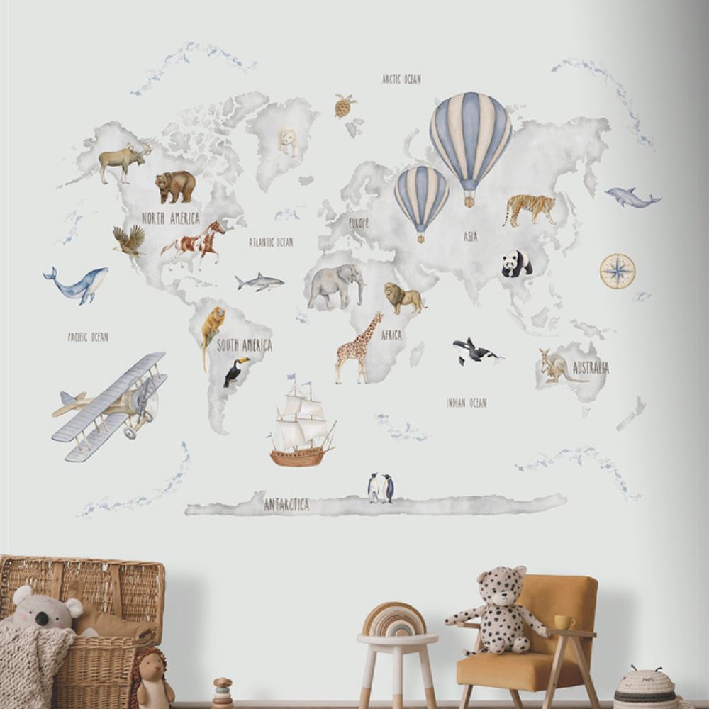 Cute Walls Mural mapa świata i zwierzęta Decoprint CW6118-1