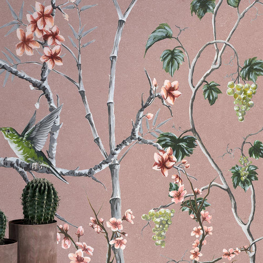 Wall'n Love Zen - Ptaki i kwiaty na różowym tle